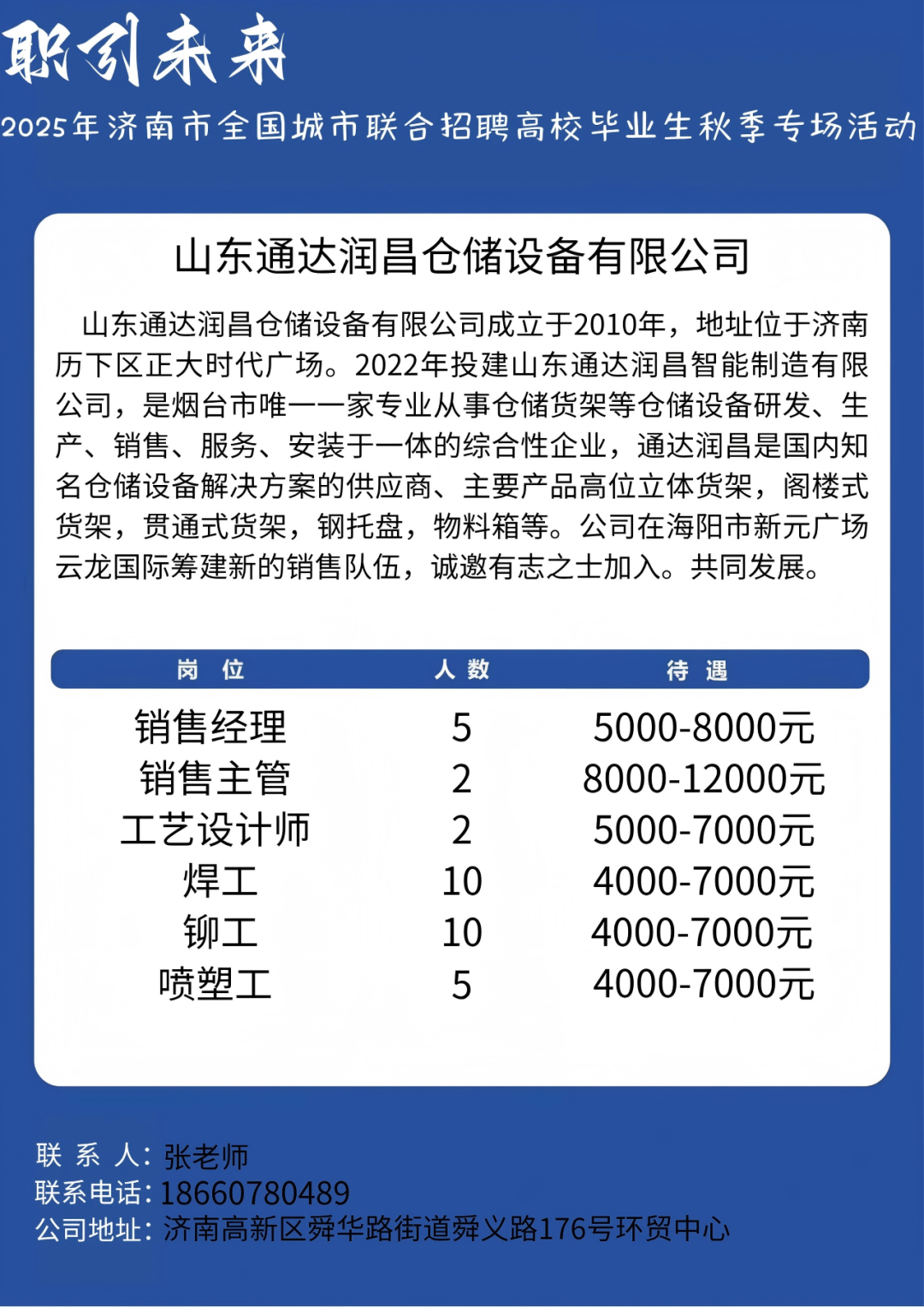 山东通达润昌仓储设备有限公司招聘销售经理,销售主管,工艺设计师,焊工,铆工,喷塑工